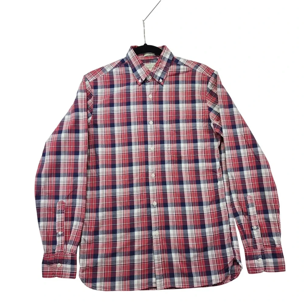 J Crew Slim Fit‎ Plaid Button Down Shirt Men's Size S Red Navy White Cotton Ca